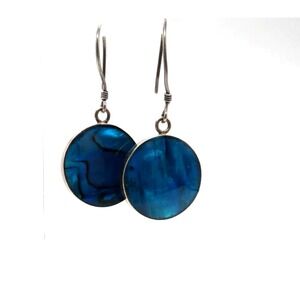 Blue Abalone Shell Dangle Earrings Silver Tone Round Drop Pierced Boho Jewelry